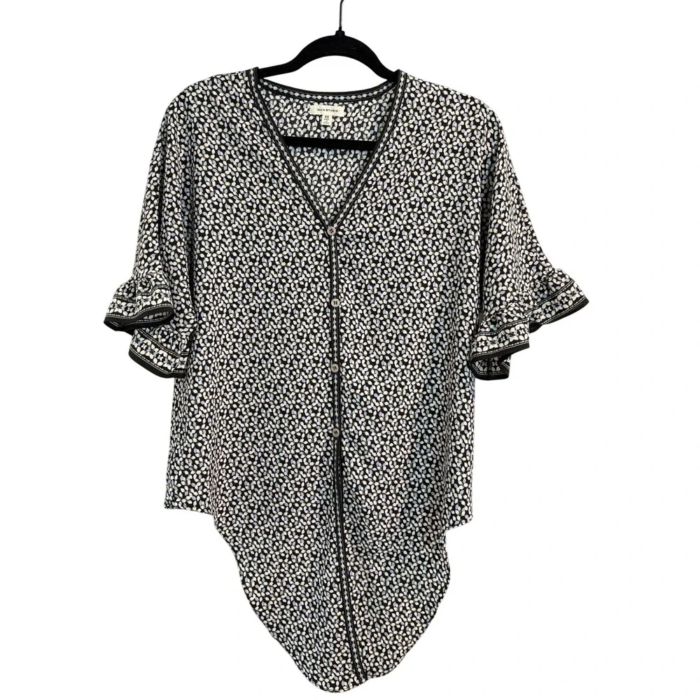 Max Studio Black Floral Tie Front Ruffle Sleeve Blouse Women XS Leaf Print VNeck